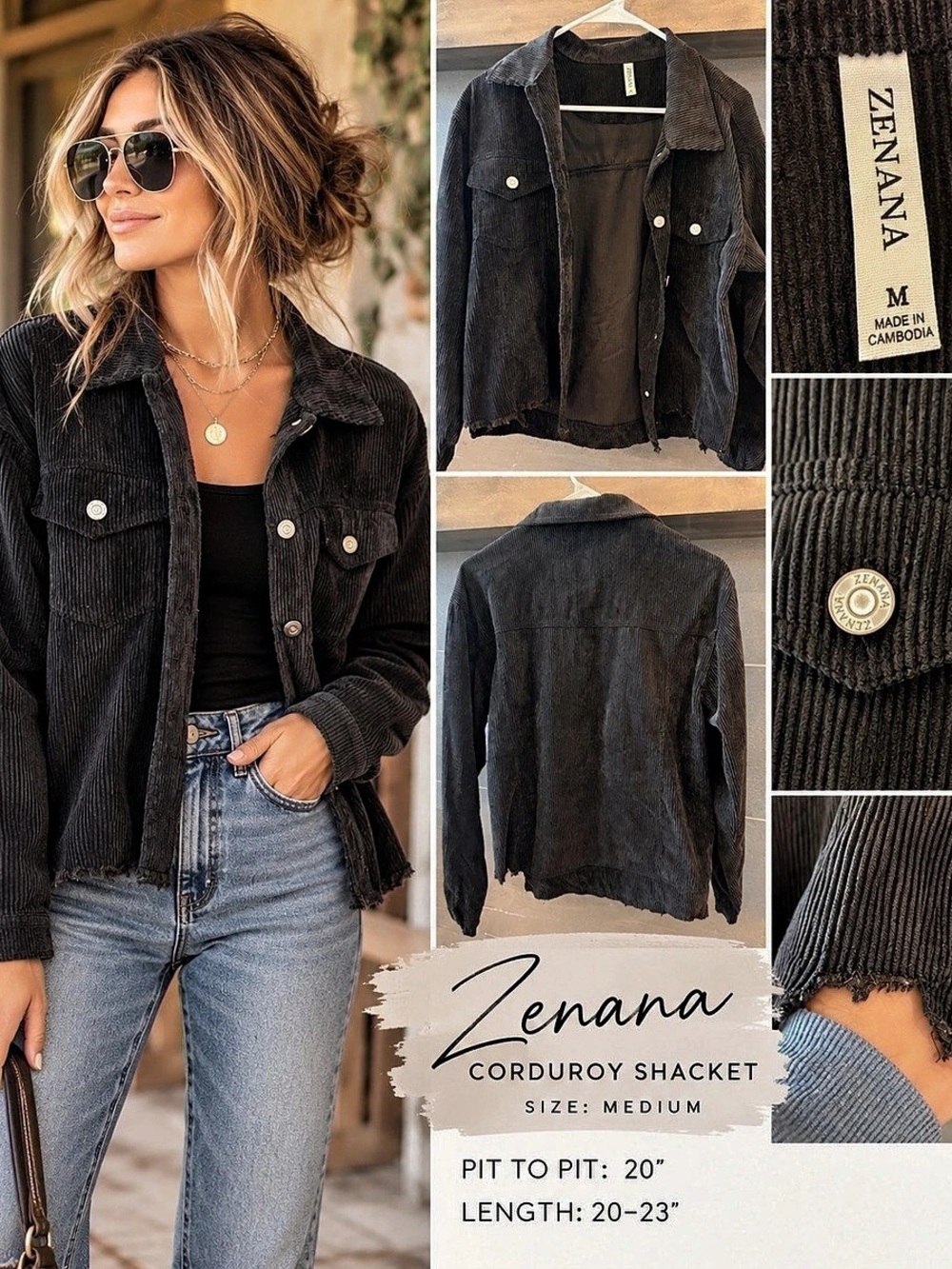 ZENANA Distressed Corduroy Frayed Hem Cropped Jacket Black Medium